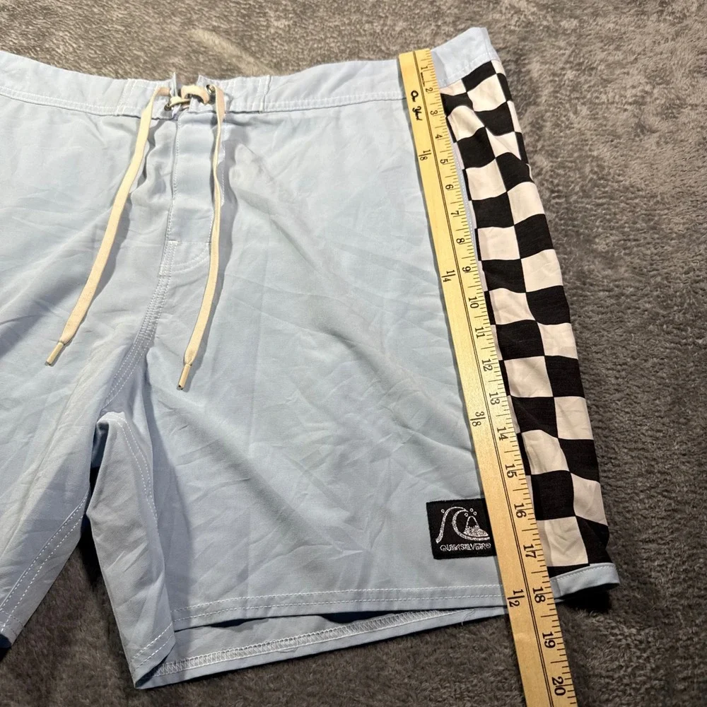 Quiksilver Board Shorts‎ Mens 40 Light Blue Checkered Side Stripe Swim Trunks